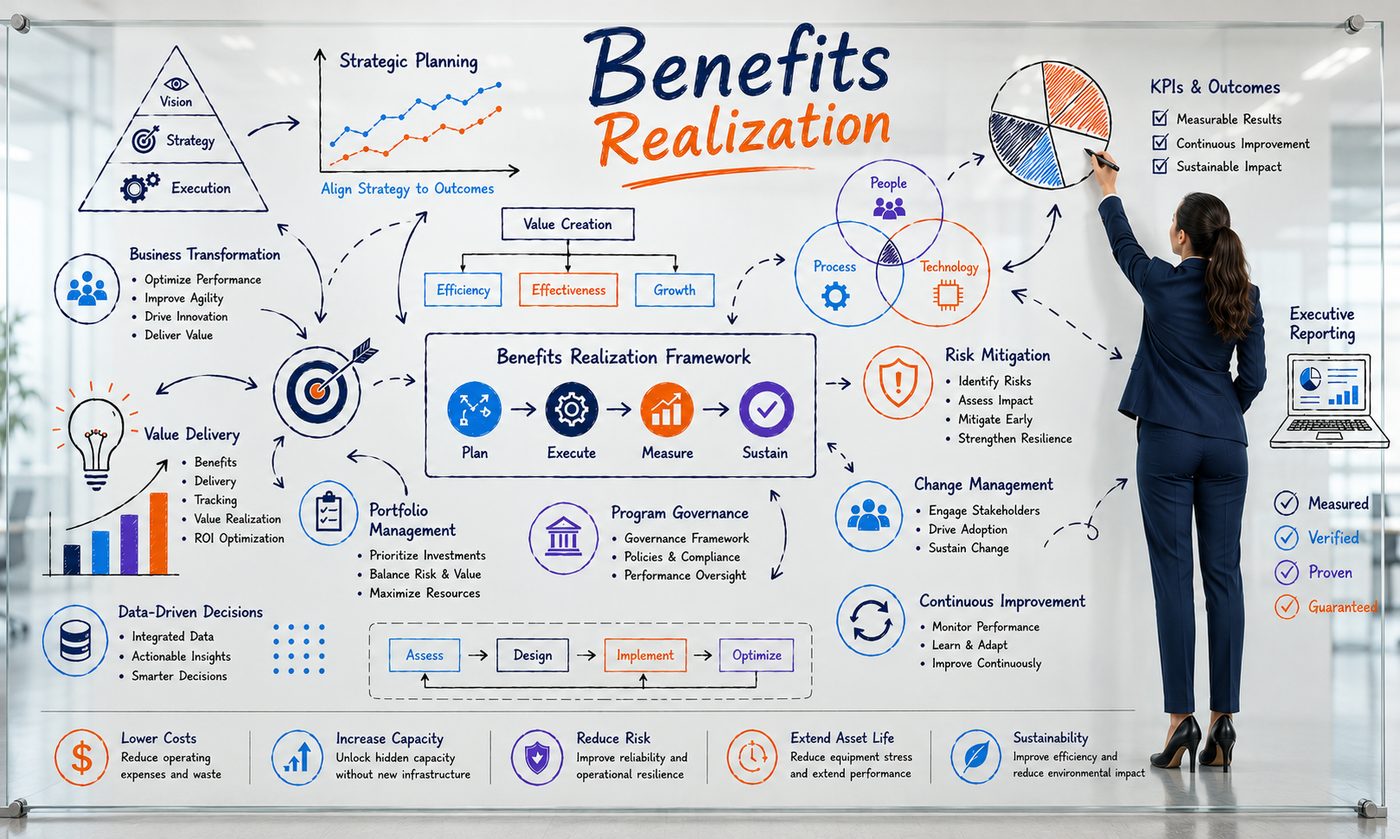 A benefits realization framework showing how G2C turns technology complexity into measurable business outcomes across strategy, execution, risk mitigation, and continuous improvement.